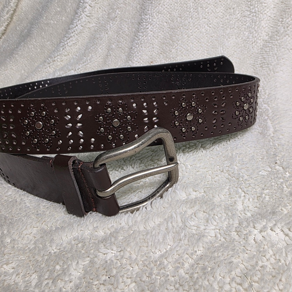 Lucky Brand Floral Eyelet Studded Belt Brown Western Boho Women XL Excellent